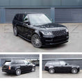 Load image into Gallery viewer, Black Range Rover L405 2018-2022, fitted with SVO style bodykit, three different angles shot outside the Enkahnz HQ. Fitted with Barugzai Casanova 22" alloy wheels in Gloss Black Polished Face