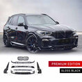 Load image into Gallery viewer, Black BMW G05 SUV with car parts and 'Premium Edition Gloss Black' text on a white background, showcasing the parts in the bottom with a white background.