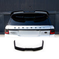 Load image into Gallery viewer, Rear close‑up of white Range Rover Sport L494 facelift showing Barugzai rear roof spoiler and BARUGZAI lettering, product preview at bottom.