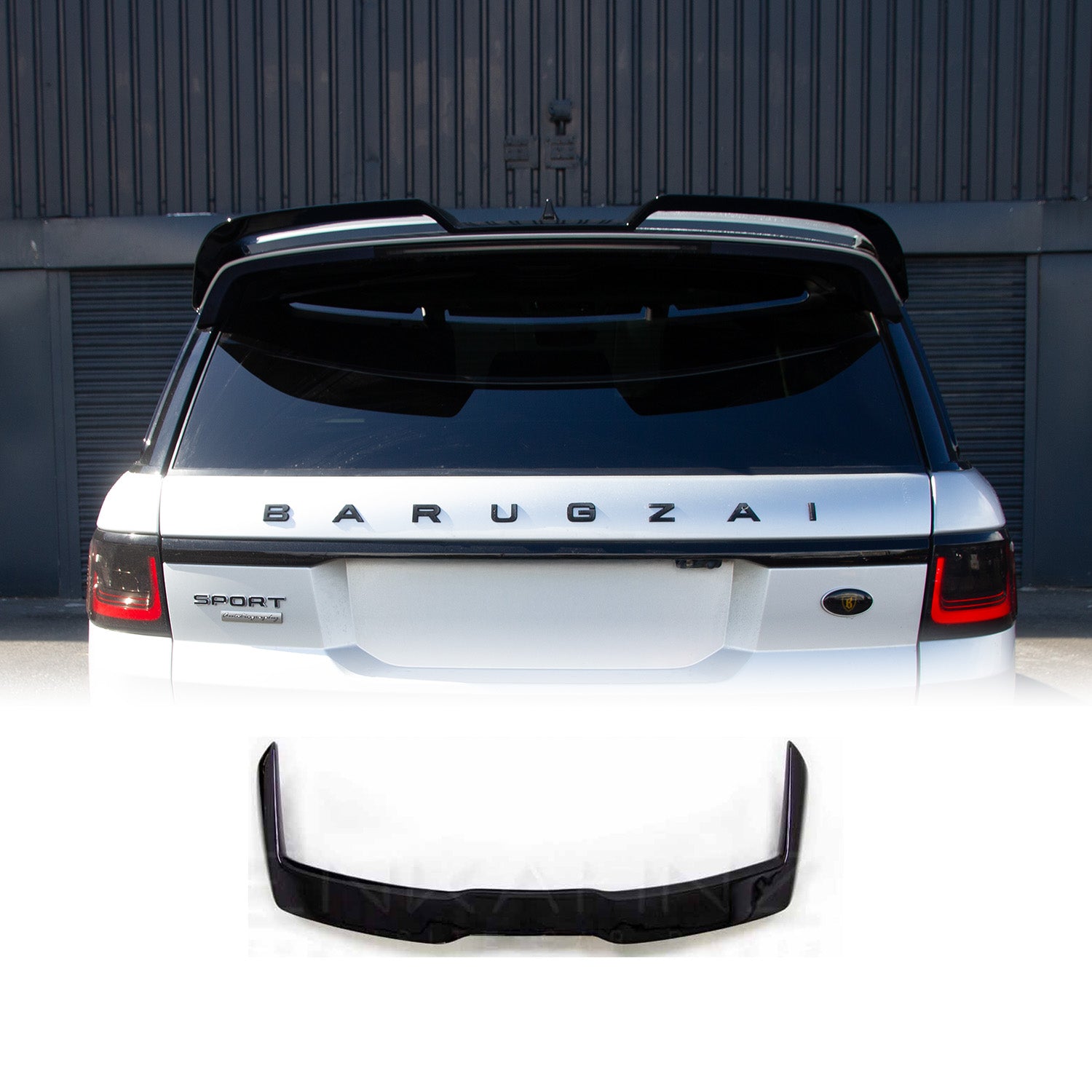 Rear close‑up of white Range Rover Sport L494 facelift showing Barugzai rear roof spoiler and BARUGZAI lettering, product preview at bottom.