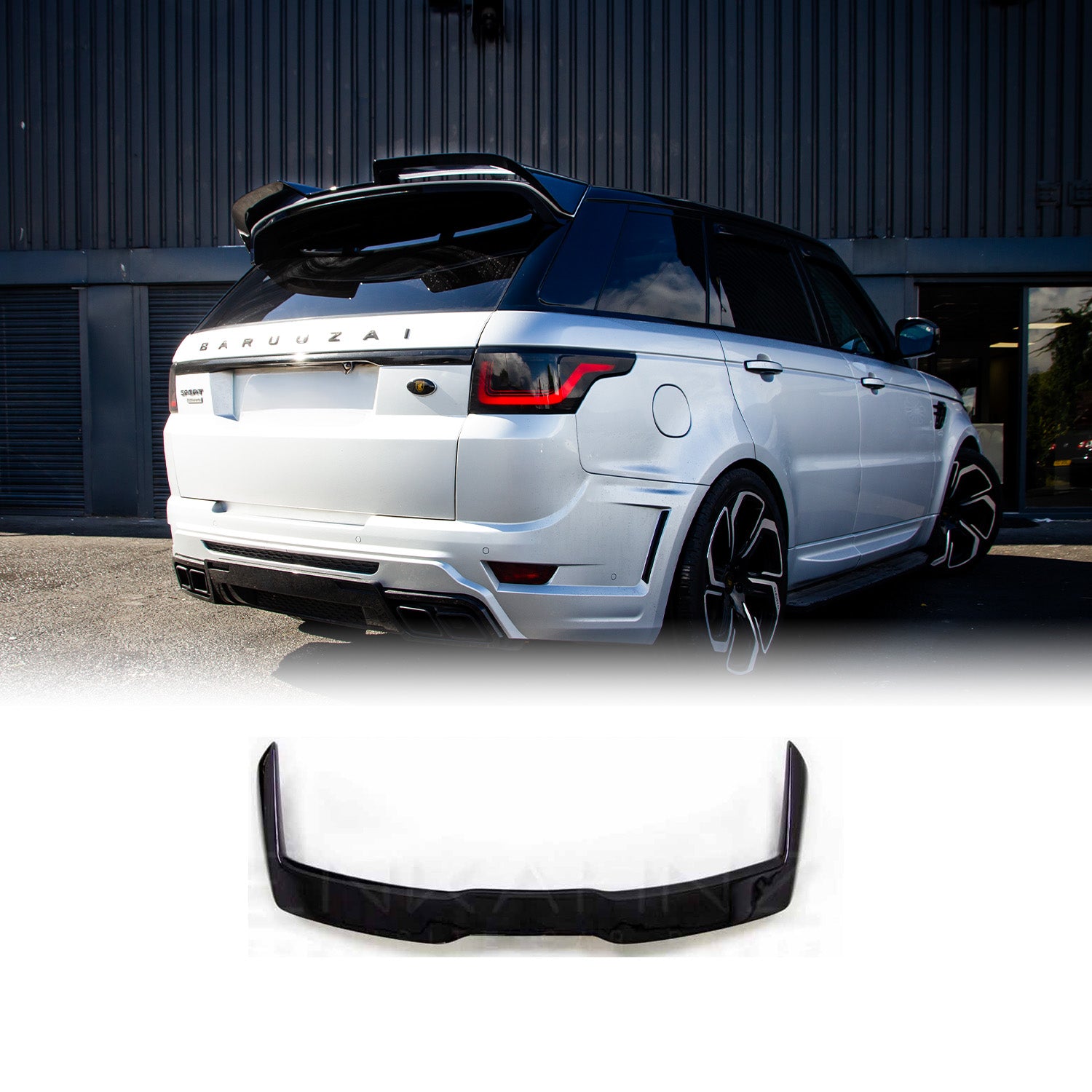 Lower rear quarter angle of white Range Rover Sport L494 facelift highlighting gloss‑black Barugzai rear roof spoiler.