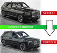 Load image into Gallery viewer, Comparison of a black cullinan SUV with 'Upgrade Bodykit' text and 'Series I' to 'Series II' labels.