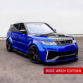 Load image into Gallery viewer, Blue and black Range Rover SVR with Barugzai Cabaro wide arch bodykit, shown from a front quarter angle on an urban street.