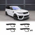 Load image into Gallery viewer, Front quarter angle of the white Range Rover Sport LM bodykit, highlighting the DRL LED light installation with product images featured at the bottom.