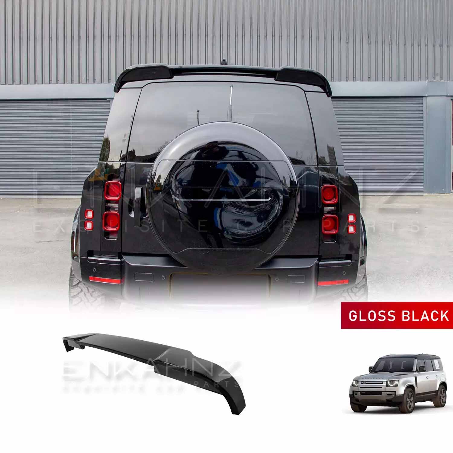 Gloss Black Defender with ENKAHNZ Rear Roof Spoiler fitted on Defender 90/110 with Roof Spoiler Product below behind white backdrop