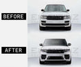 Load image into Gallery viewer, Before and after comparison of Range Rover L405 front end showing standard bumper versus upgraded SVO style facelift front conversion.