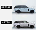 Load image into Gallery viewer, Side profile of facelifted Range Rover L405 showing SVO style side vent trims with bonnet, side trims and exterior conversion parts displayed below.