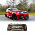 Load image into Gallery viewer, Red Range Rover Sport 2018–2022 viewed from a lower front quarter angle, equipped with the LM Style front bumper, product image displayed at the bottom.