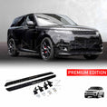 Load image into Gallery viewer, Range Rover Sport 2022 front quarter angle showing fitted side steps, with product images displayed along the bottom on a white background.