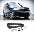 Load image into Gallery viewer, Gloss black Range Rover Sport SVR L494, front quarter angle, showing fitted side steps with product thumbnails aligned along the bottom.