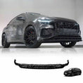 Load image into Gallery viewer, Grey Audi Q8 front-quarter lower view showcasing Enkahnz 2018+ Q8 front splitter; product image displayed at bottom