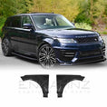 Load image into Gallery viewer, Front quarter view of a dark navy blue Range Rover Sport (2013-2017) parked in a park, fitted with ENKAHNZ wings; product images of the wings shown at the bottom for reference.