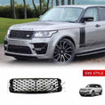 Load image into Gallery viewer, Zoomed-in front quarter angle of a silver Range Rover Sport fitted with the ENKAHNZ SVO style centre grille, highlighting the grille’s bold design.