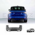 Load image into Gallery viewer, Blue Range Rover Sport 2018–2022 in a studio with an almost white backdrop, showcasing the Enkahnz SVR style rear bumper, and the bumper product image underneath.