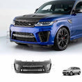 Load image into Gallery viewer, Front quarter angle view of a blue Range Rover Sport 2018–2022 featuring the Enkahnz SVR front bumper, with product image at the bottom.
