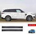 Load image into Gallery viewer, Side angle view of a white Range Rover Sport (2013–2017) with ENKAHNZ SVR Style door mouldings installed, featuring the door mouldings product image at the bottom on a white background.
