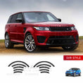 Load image into Gallery viewer, Front quarter view of a red Range Rover Sport 2013 pre-facelift on a hilltop, fitted with ENKAHNZ SVR style wheel arches; product image shown at the bottom.