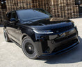 Load image into Gallery viewer, Front Quarter Dutch Angle SV Style Black Back Bumper for Range Rover Sport 2023+ with Enkahnz branding and product shots in the bottom.