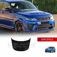 Load image into Gallery viewer, Slight closeup, top-down view of a blue Range Rover Sport featuring the ENKAHNZ SVR style bonnet, highlighting the sculpted design and aggressive styling details.