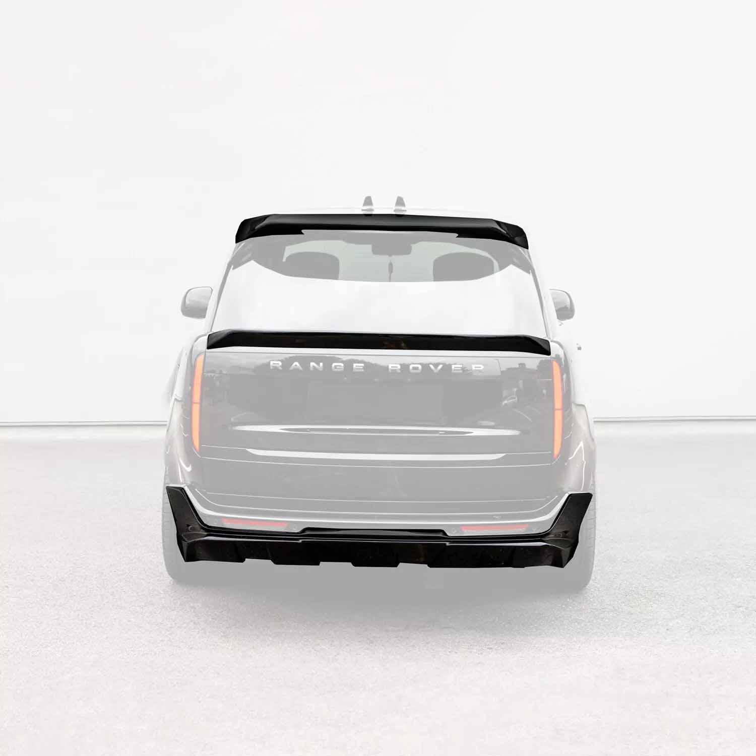 Mid boot spoiler, rear bumper and roof spoiler highlighted on Range Rover L460 Nebula bodykit rear view