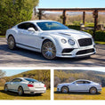 Load image into Gallery viewer, White Bentley Continental Range Ro 2011-2018, fitted Barugzai Mayfair II bodykit, three different angles shit outside a stately home background. Fitted with Barugzai Casanova 22" alloy wheels in Gloss Black Polished Face