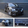 Load image into Gallery viewer, Black Range Rover L405 2013-2017, fitted with Barugzai Vogue Luxe bodykit, three different angles shot outside the Enkahnz HQ. Fitted with Barugzai Casanova 22" alloy wheels in Gloss Black Polished Face