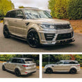 Load image into Gallery viewer, Champagne Range Rover Sport L494 2013-2017, fitted with Barugzai Sport Aero bodykit, shown from different angles with a greenery background. Fitted with Barugzai Dawn 22" alloy wheels in Gloss Black