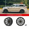 Load image into Gallery viewer, In context shot of a Champagne Range Rover Sport L494 with Barugzai Dawn 22" Single alloy wheel in Gloss Black, displayed on a white background