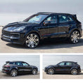 Load image into Gallery viewer, Dark Blue Porsche Cayenne 2019, fitted with Barugzai Eleganza II bodykit, shown from different angles parked on a road with a grey background. Fitted with Barugzai EXEL 24" alloy wheels in Gloss Black Polished Face