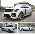 Load image into Gallery viewer, White Range Rover L405 2013-2017, fitted with Barugzai SVO style bodykit, shown from different angles shot outside an old mill. Fitted with Barugzai EXEL 24" alloy wheels in Gloss Black Polished Face
