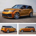 Load image into Gallery viewer, Orange Range Rover Sport L494 2018-2022, fitted with Barugzai Cabaro II bodykit, shown from different angles parked on a road with a grey background. Fitted with Barugzai EXEL 24" alloy wheels in Gloss Black Polished Face