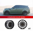 Load image into Gallery viewer, In context shot of a Military Green Range Rover Sport L494 with Barugzai Majestic 24" Single alloy wheel in Gloss Black, displayed on a white background