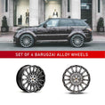 Load image into Gallery viewer, In context shot of a Brown Range Rover Sport L494 with Barugzai Majestic 24" alloy wheels in Gloss Black Polished Face, displayed on a white background
