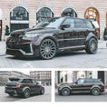 Load image into Gallery viewer, Brown Range Rover Sport L494 2013-2017, fitted with Barugzai Cabaro bodykit, shown from different angles shot inside a Parisian outdoor shopping centre. Fitted with Barugzai Majestic 24" alloy wheels in Gloss Black Polished Face