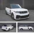 Load image into Gallery viewer, White Range Rover L405 2018-2021, fitted with Barugzai Bison bodykit, shown from different angles shot outside the Enkahnz HQ. Fitted with Barugzai Majestic 24" alloy wheels in Gloss Black Polished Face