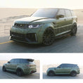 Load image into Gallery viewer, Military Green Range Rover Sport L494 2013-2017, fitted with Barugzai Cabaro bodykit, shown from different angles with a dusty desert background. Fitted with Barugzai Majestic 24" alloy wheels in Gloss Black