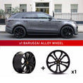Load image into Gallery viewer, In context shot of a Grey Range Rover Velar L560 with Barugzai Opium 22" Single alloy wheel in Gloss Black, displayed on a white background