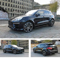 Load image into Gallery viewer, Black Porsche Cayenne, fitted with Barugzai Eleganza I bodykit, shown from different angles shot outside an old mill background. Fitted with Barugzai Opium 22" alloy wheels in Gloss Black Polished Face