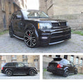 Load image into Gallery viewer, Maroon Range Rover Sport L320 2005-2012, fitted with Barugzai Classic Sport bodykit, shown from different angles shot outside an old mill background. Fitted with Barugzai Opium 22" alloy wheels in Gloss Black Polished Face