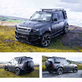 Load image into Gallery viewer, Land Rover Defender 110 L663, fitted with the Barugzai Falcon bodykit in a natural landscape with three different views shown. Fitted with Barugzai Sabre 22" alloy wheels in Gloss Black Polished Face