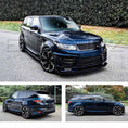 Load image into Gallery viewer, Dark Blue Range Rover Sport L494 2013-2017, fitted with Barugzai Sport Aero bodykit, parked on a road with a hedge in the background. Fitted with Barugzai Sabre 22" alloy wheels in Gloss Black Polished Face