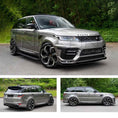 Load image into Gallery viewer, Champagne Range Rover Sport L494 2018-2022, fitted with Barugzai Sport Aero II bodykit parked on a road with greenery in the background. Fitted with Barugzai Sabre 22" alloy wheels in Gloss Black Polished Face