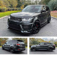 Load image into Gallery viewer, Dark Grey Range Rover Sport L494 2013-2017, fitted with Barugzai Sport Aero bodykit, parked on a road with a hedge in the background. Fitted with Barugzai Sabre 22" alloy wheels in Gloss Black