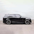 Load image into Gallery viewer, Black Range Rover L460 2022, fitted with Barugzai Nebula bodykit, shown side view, parked on a road with a grey background. Fitted with Barugzai Vortex Forged 24" alloy wheels in Gloss Black Polished