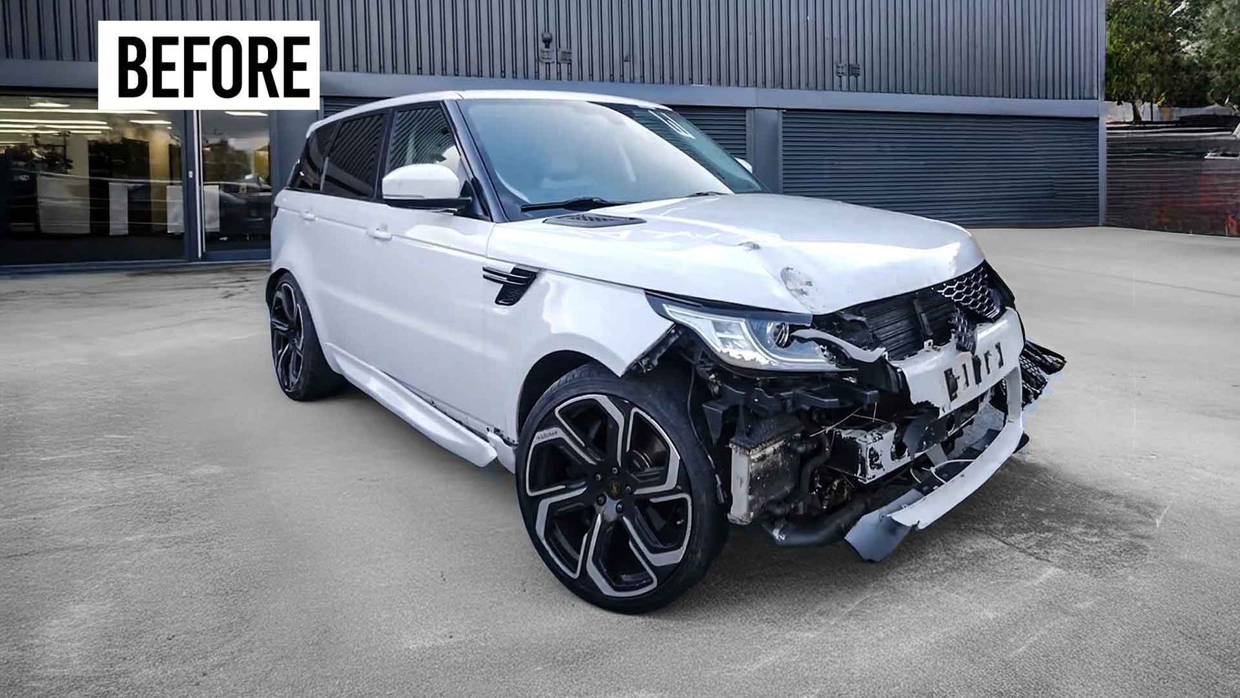 White Range Rover Sport L494 with significant front damage in front of Enkahnz, labeled 'Before'.