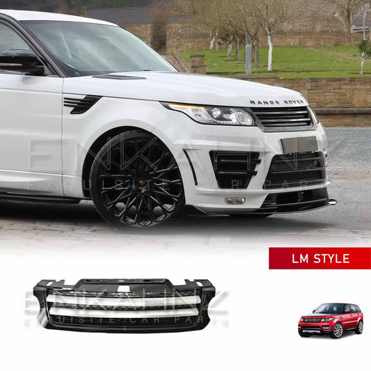 Front quarter close-up view of a white Range Rover Sport 2013 with the ENKAHNZ 2 slat grille in silver and black, showing the stylish and sporty grille fitted to the vehicle.