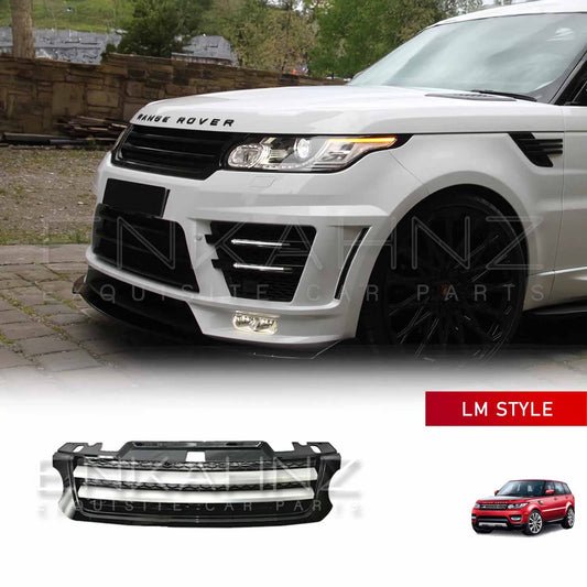 Side quarter view of a white Range Rover Sport 2013 featuring the ENKAHNZ 2 slat grille in silver and black, highlighting the grille upgrade and enhanced front-end appearance.