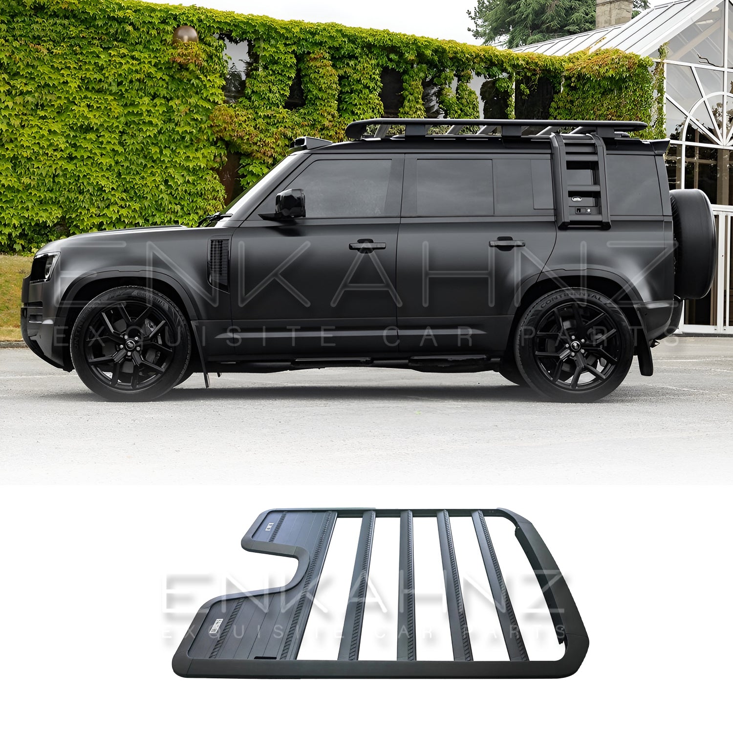 Black SUV with a roof rack on a driveway, featuring the brand 'Enkahnz'.