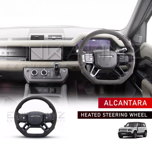 Car interior with Alcantara heated steering wheel with steering wheel product displayed at the bottom