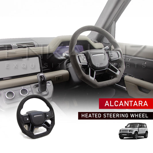 Car interior with Alcantara heated steering wheel with steering wheel product displayed at the bottom